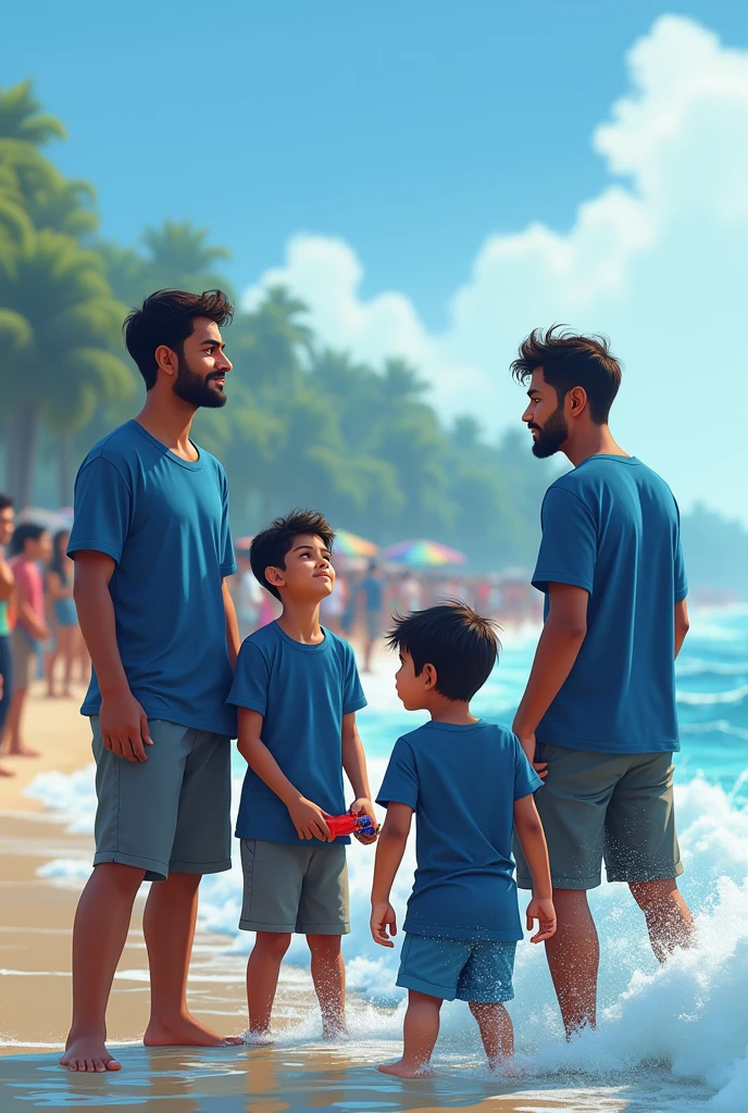 4 young adult bangladeshi boys wearing deep blue color t-shirt swimming in the sea beach.One of them is white in color,face have beard and looking a sexy girl.Another one is black,have no beard looking at her breast.Another one is looking at the sky.4th one is busy with some toys.there were crowd in the beach.the water is blue color and heay waves coming from sea.