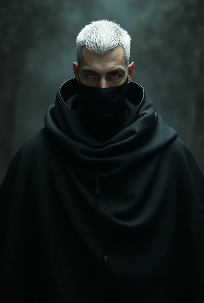 A male character with short white hair, light brown eyes, a black cape, a gray shirt, and a black face mask.