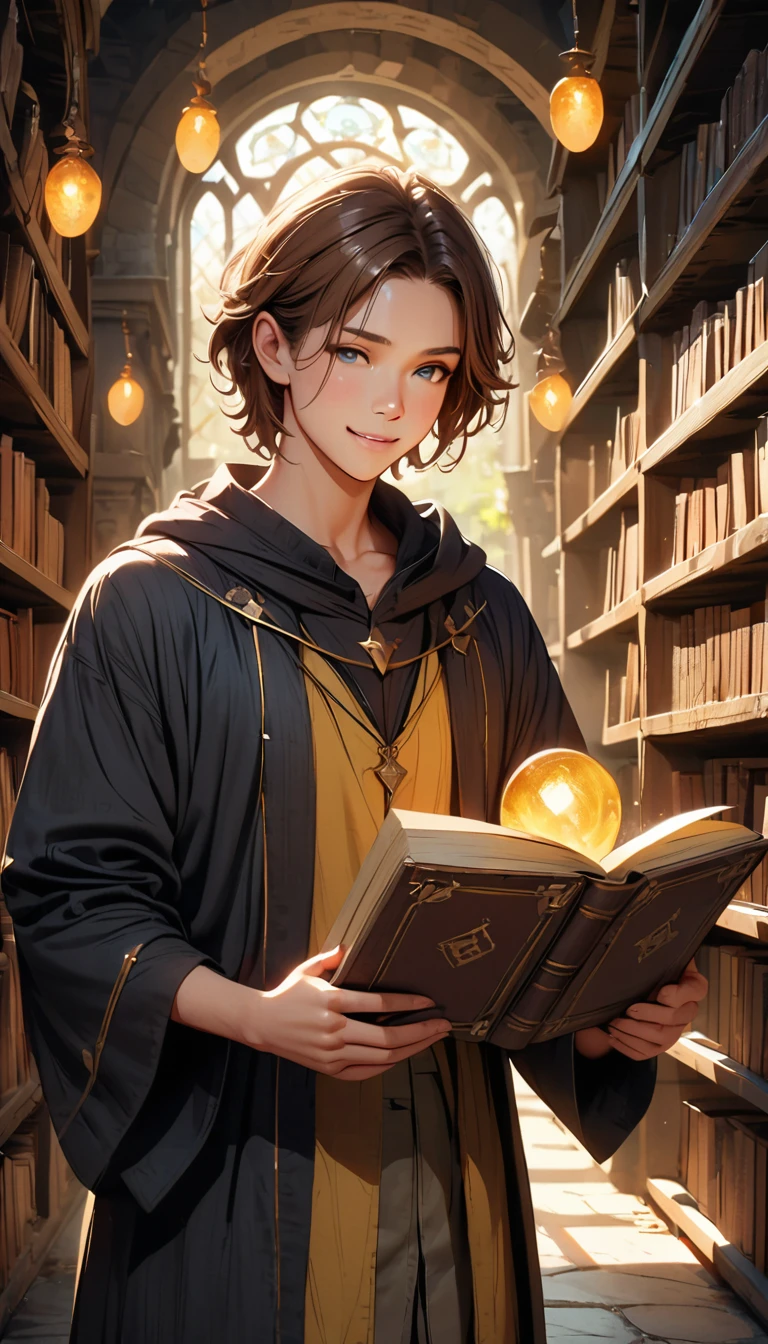 Subject: gorgeous young male mentor wizard.
Appearance: short chestnut brown hair, expressive blue eyes, shy smile.
Attire: Deep black robe with golden accents.
Setting: Ancient library with towering shelves of spell books, glowing orbs, and floating candles.
Mood: Enchanting, mysterious, warm, and inviting.
Art Style: High fantasy, realistic textures, soft golden lighting.