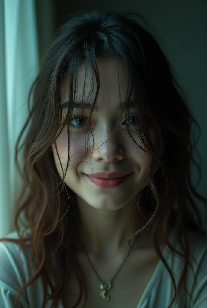 closeup portrait, Surreal, amazing quality, masterpiece, best quality, awesome, inspiring, a light smiling amused woman with hair over her eyes, hair completely covers her face. cinematic composition, soft shadows, 
atmospheric haze, Film grain, cinematic film still, shallow depth of field, highly detailed, high budget, cinemascope, moody, epic, OverallDetail, 2000s vintage RAW photo, photorealistic, candid camera, color graded cinematic, atmospheric lighting, imperfections, natural, shallow dof