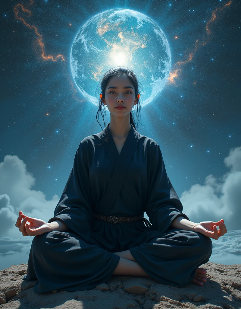 (masterpiece:1.2,excellent quality,Like a mirror,cinematic experience,Reality:2.0,RAW photos:2.0),8K,wallpaper,(1 female),(Detailed hand drawing:2.0),(Beautiful female hands:2.0),(The Sage Ninja in the Illusion World:2.0),(Ninja black costume:2.0),(Look over here),(beautiful eyes,Beautiful shiny eyes),(Women are on the brink of enlightenment:2.0),(she is meditating:2.0),(woman'The whole body is enveloped in the breath of enlightenment:2.0),(The background is the universe composed of 3,000 Worlds:2.0),(Visual effects:2.0,CG:2.0)