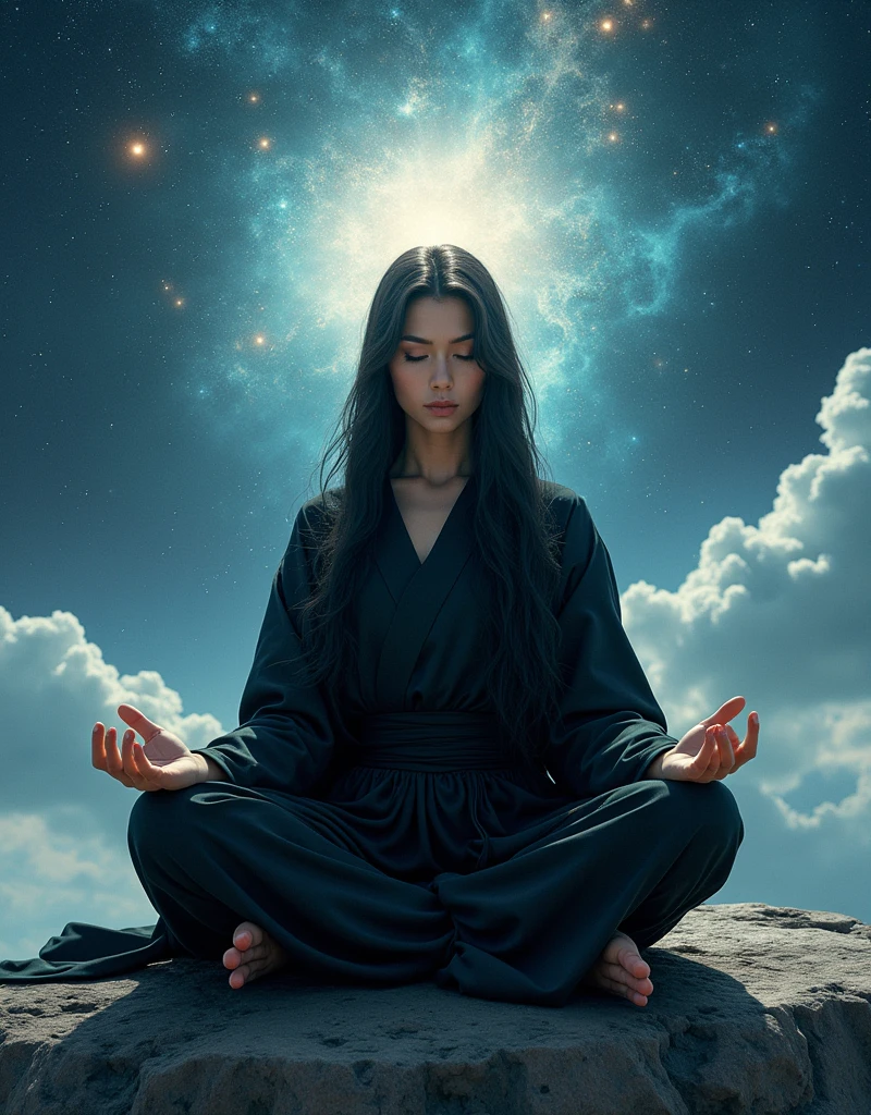 (masterpiece:1.2,excellent quality,Like a mirror,cinematic experience,Reality:2.0,RAW photos:2.0),8K,wallpaper,(1 female),(Detailed hand drawing:2.0),(Beautiful female hands:2.0),(The Sage Ninja in the Illusion World:2.0),(Ninja black costume:2.0),(Look over here),(beautiful eyes,Beautiful shiny eyes),(Women are on the brink of enlightenment:2.0),(she is meditating:2.0),(woman'The whole body is enveloped in the breath of enlightenment:2.0),(The background is the universe composed of 3,000 Worlds:2.0),(Visual effects:2.0,CG:2.0)