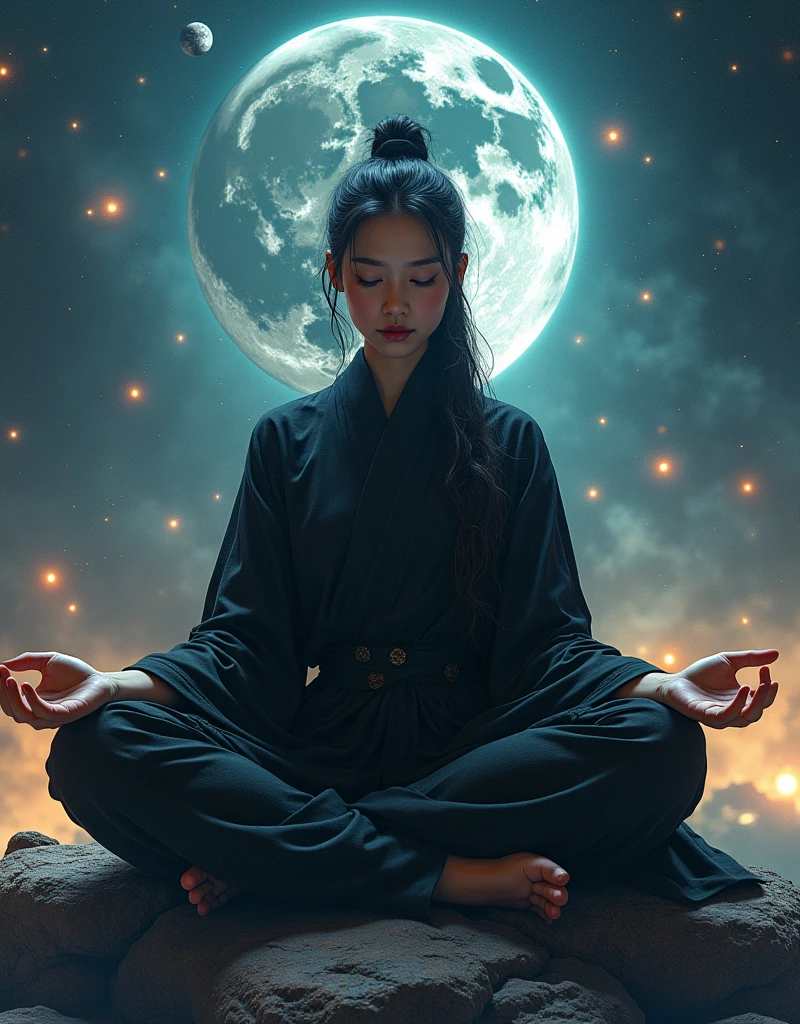 (masterpiece:1.2,excellent quality,Like a mirror,cinematic experience,Reality:2.0,RAW photos:2.0),8K,wallpaper,(1 female),(Detailed hand drawing:2.0),(Beautiful female hands:2.0),(The Sage Ninja in the Illusion World:2.0),(Ninja black costume:2.0),(Look over here),(beautiful eyes,Beautiful shiny eyes),(Women are on the brink of enlightenment:2.0),(she is meditating:2.0),(woman&#39;The whole body is enveloped in the breath of enlightenment:2.0),(The background is the universe composed of 3,000 Worlds:2.0),(Visual effects:2.0,CG:2.0)