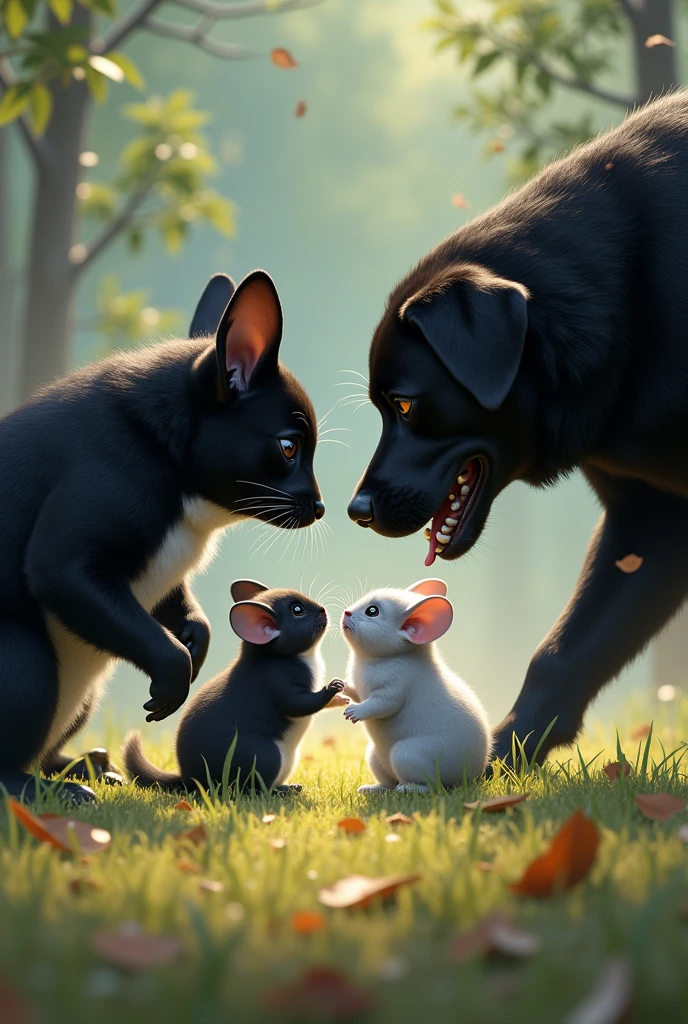 A black chinchilla with a white chest and another grey chinchilla fighting with a black Labrador