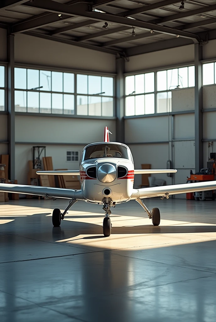 Take a realistic photo of a cessna 172 parked in a hangar