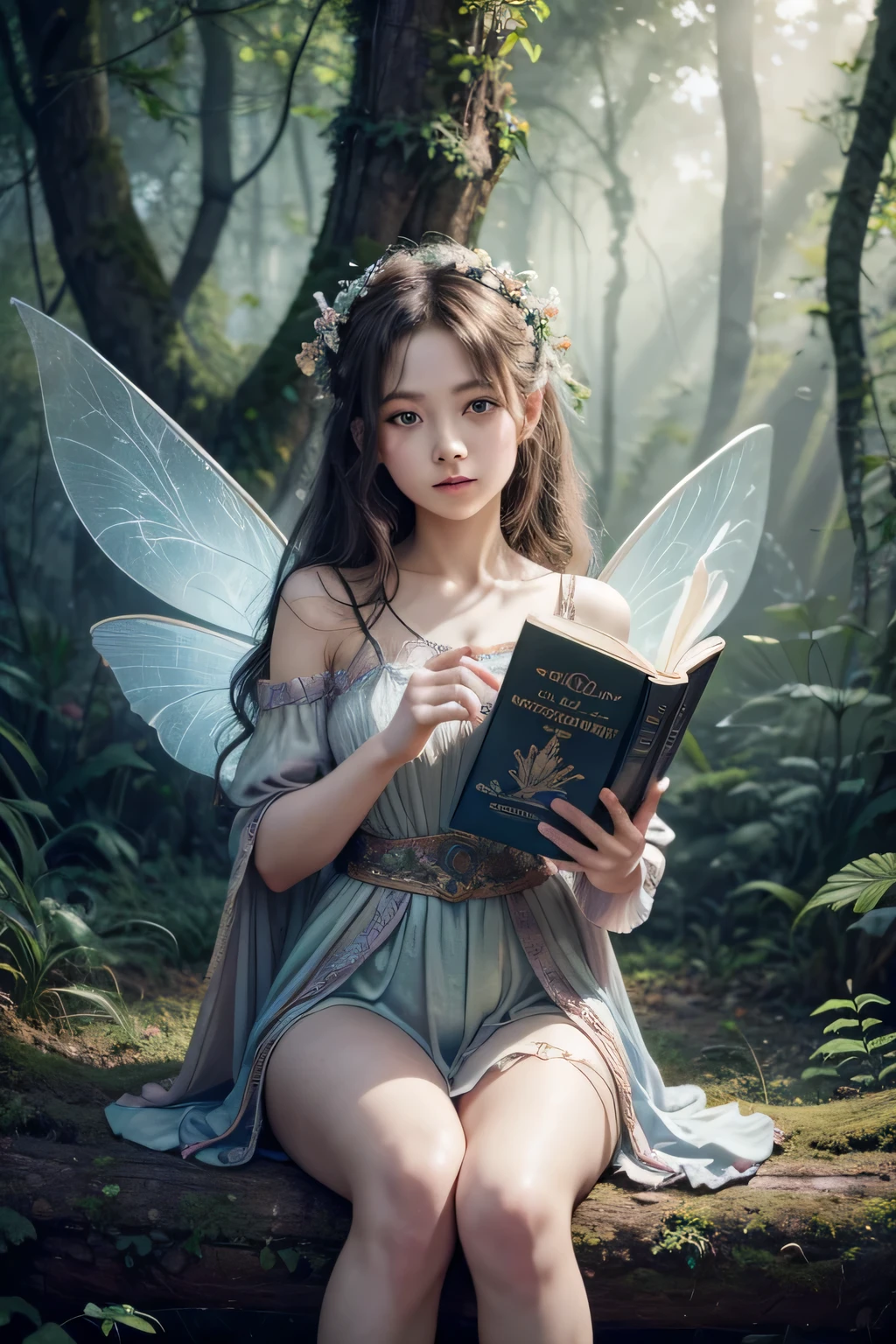 Children's book illustration, hyper detailed airbrush by pino daeni, Macro photography of a very cute, very beautiful and charming fairy with expressive eyes, perfect face, sitting on a branch, cute, Shape A (short erotic fairy outfit), legs apart , looking at the viewer, holding a book in her hands, fairy wings behind her back, outside sunny morning, sun, morning, forest, conceptual art, pastel by Arthur Rackham on silk, strybk, james jean, Brian Froud, Miho Hirano, Neimy Kanani, Aykut Aydo du, ultra high quality model, perfect eyes, white-blue eyes, Rembrandt lighting style, hand negative