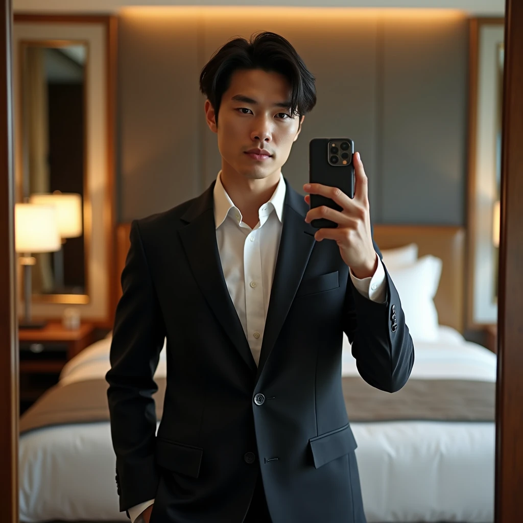 Japanese,male,Handsome,Selfie,Selphy,whole,whole body,High resolution, atmosphere,Center Part,Hotel Rooms,suit,Late 20s(28,29),Through the mirror