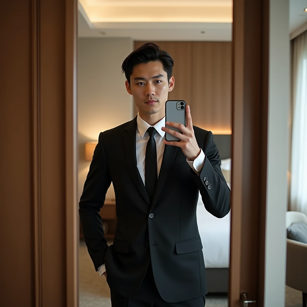 Japanese,male,Handsome,Selfie,Selphy,whole,whole body,High resolution, atmosphere,Center Part,Hotel Rooms,suit,Late 20s(28,29),Through the mirror