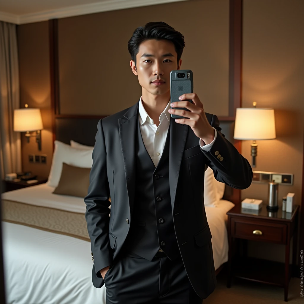 Japanese,male,Handsome,Selfie,Selphy,whole,whole body,High resolution, atmosphere,Center Part,Hotel Rooms,suit,Late 20s(28,29),Through the mirror