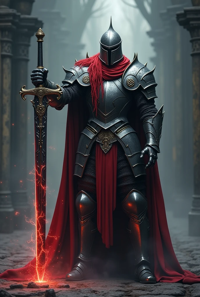 A knight with a red mane on a closed helmet and a medium sword with the ability of dark matter