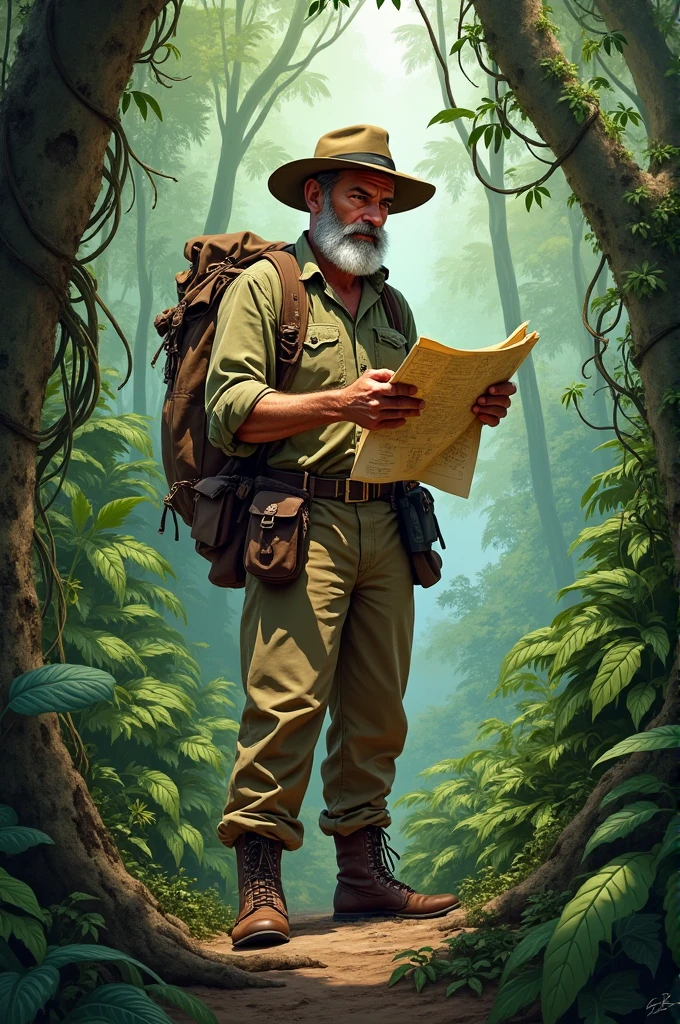 An illustration of Percy Fawcett, dressed in early 20th-century explorer attire, navigating through a dense Amazon rainforest with a map and compass.