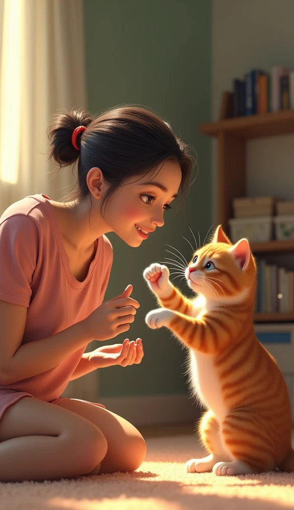 3d、Ultra HD、Side view、Digital Art、Real、A mother and her cat are playing with a cat toy