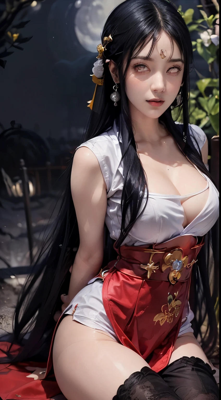 "1 beautiful girl, ((wearing red hanfu, white chest shirt:1.6)), low cut shirt, ((long black hair:1.8)), ((most beautiful and detailed hair jewelry:1.8)), sexy vintage style, Super cute little face Extremely beautiful face, thin eyebrows, the most beautiful and flawless face, ((black eye pupil:0.8)), very beautiful eyes, ((black yellow eyes:0.5)), hairy beautiful and detailed makeup eyelashes, high nose, earrings, thin lips, ((red lips:0.8)), ban on laughing, beautiful lips, slender arms, The most beautiful thighs, healthy limbs, rosy face, clean face, beautiful face without blemishes, smooth white skin, ((super tight and round breasts: 1.8)) cleavage, beautiful breasts, ((put the girl's arms behind her back:2)), (((portrait body of a beautiful girl:0.8))), ((sitting position leaning back:1.7)), 8k photo, super high quality, super realistic, 10x super pixels, actual photo, dark studio, border light, two-tone lighting color, (high detail skin: 1.2), 8k ultra, soft light, high quality, volumetric light, Photo, high resolution, light, best photo, 4k quality, 8k, bokeh, Smooth and sharp, 10x pixelated, ((The yard at night and the moonlight shining down on the yard background:1.8)), aurora, lightning, super graphics, most realistic graphics, 1 girl, alone, solo, Extremely sharp, surreal image, (((frontal portrait:1.6)))