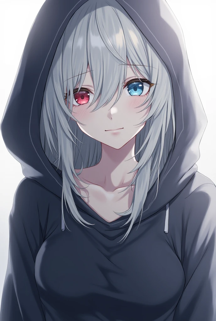 High resolution, Shortcuts, Silver Hair, Odd Eye, Simple Background,  Anime Style, blue eyes, Red eyes, Hood worn, Are crying, 