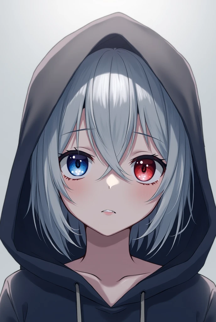 High resolution, Shortcuts, Silver Hair, Odd Eye, Simple Background, Anime Style, blue eyes, Red eyes, Hood worn, Are crying,