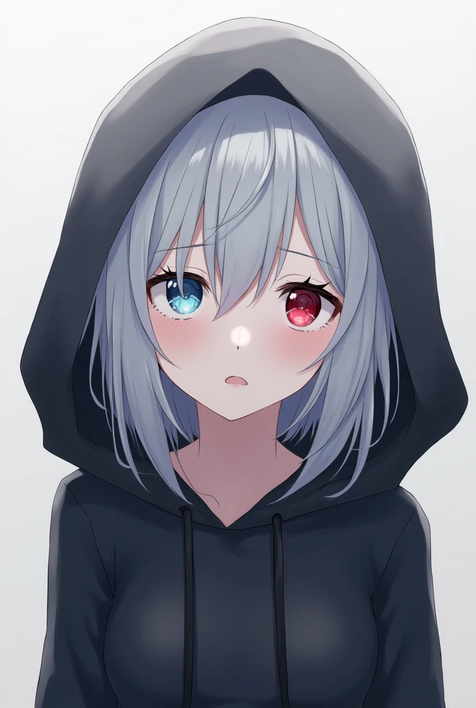 High resolution, Shortcuts, Silver Hair, Odd Eye, Simple Background, Anime Style, blue eyes, Red eyes, Hood worn, Are crying,
