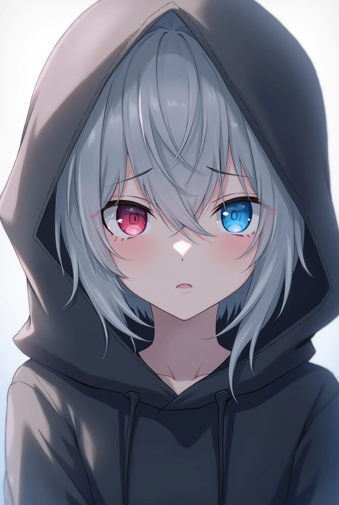 High resolution, Shortcuts, Silver Hair, Odd Eye, Simple Background,  Anime Style, blue eyes, Red eyes, Hood worn, Are crying, 