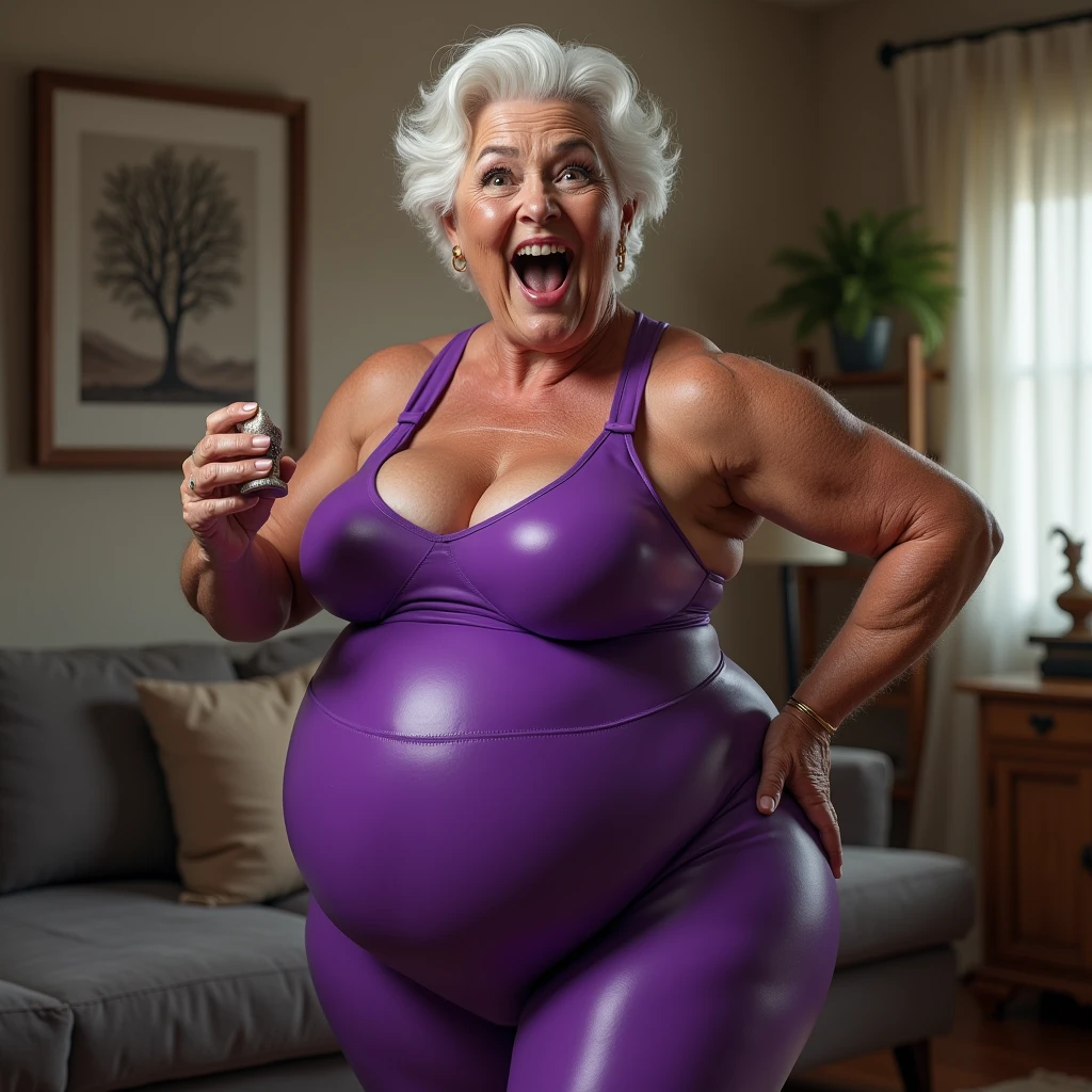 a very old lady with white hair, With a muscular and fitness body you can see the veins in his muscles and purple fitness clothes, a huge butt, thin but with muscles and a voluptuous body, with an expression of astonishment and happiness with his mouth open with joy, with white hair holding a small, in a sensual pose, in the background the living room of a house
