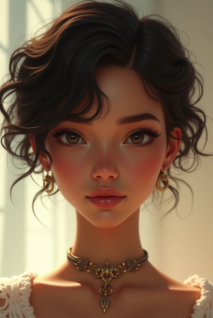 a beautiful brown-skinned girl with short curly dark hair, detailed eyes with eyeliner, detailed facial features, elegant expression, intricate necklace, light and airy background, (best quality,4k,8k,highres,masterpiece:1.2),ultra-detailed,(realistic,photorealistic,photo-realistic:1.37),portrait,warm color tones,soft lighting