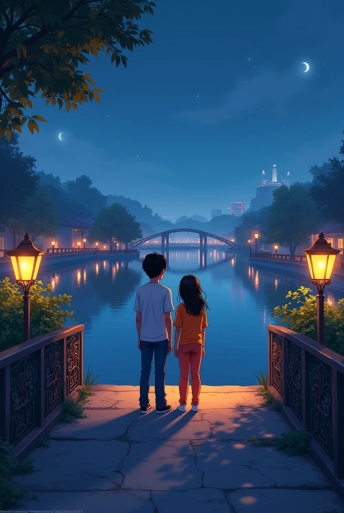 Pixar-type image of a young man in a white shirt and blue pants and a girl next to him in orange pants and an orange blouse looking towards a front photo of a lagoon at night on a bridge 