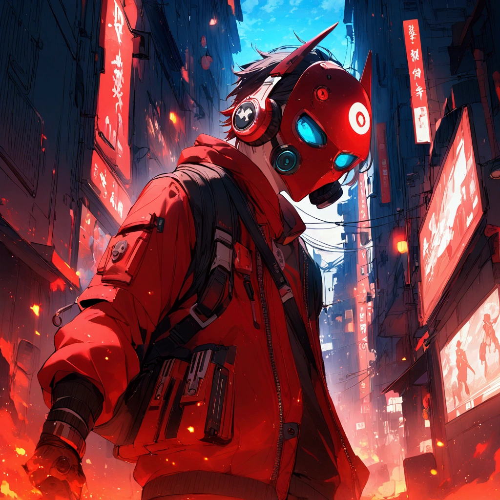 Gamer boy , red fire theme , PC. Mask , high tech headphones , half face mask , extremely detailed