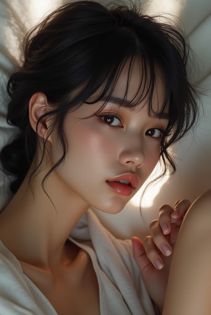 realistic photo, Japanese woman, Kale, Lying on bed with legs spread, detailed face and body, natural lighting, high resolution, photo realistic, (best quality, 8k, high resolution, work of art:1.2),ultra detail, (realistic, photorealistic, photo-realistic:1.37), realistic skin texture, detailed eyes and lips, beautiful detailed face, long eyelashes, soft skin,Natural body shape, Japanese, 23 age, cute face,