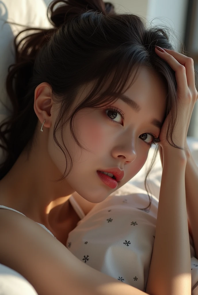 realistic photo, Japanese woman, Kale, Lying on bed with legs spread, detailed face and body, natural lighting, high resolution, photo realistic, (best quality, 8k, high resolution, work of art:1.2),ultra detail, (realistic, photorealistic, photo-realistic:1.37), realistic skin texture, detailed eyes and lips, beautiful detailed face, long eyelashes, soft skin,Natural body shape, Japanese, 23 age, cute face,
