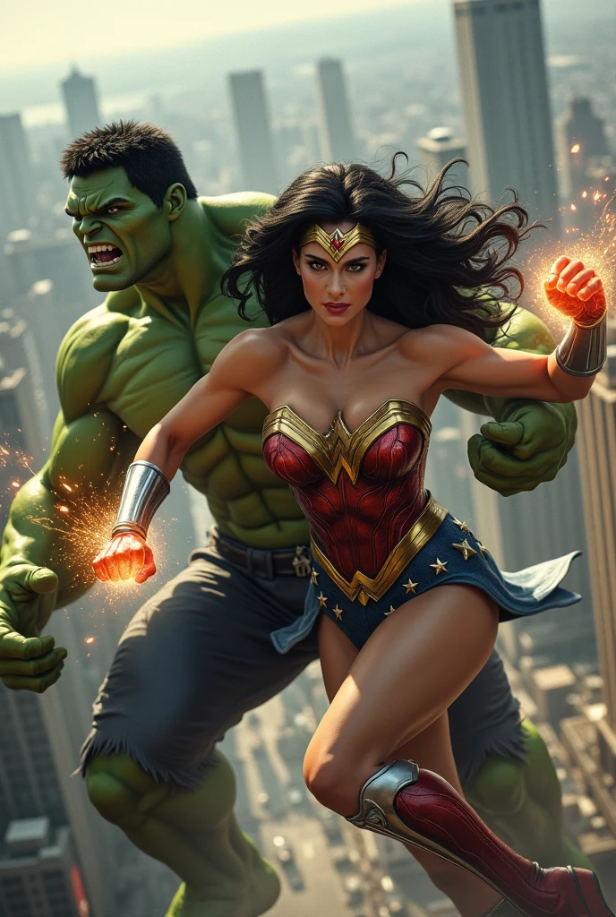 Wonder Woman, Realistic, Big breast, Full body, Fighting with Hulk, view of the city from above, spells on hand, saerial view
