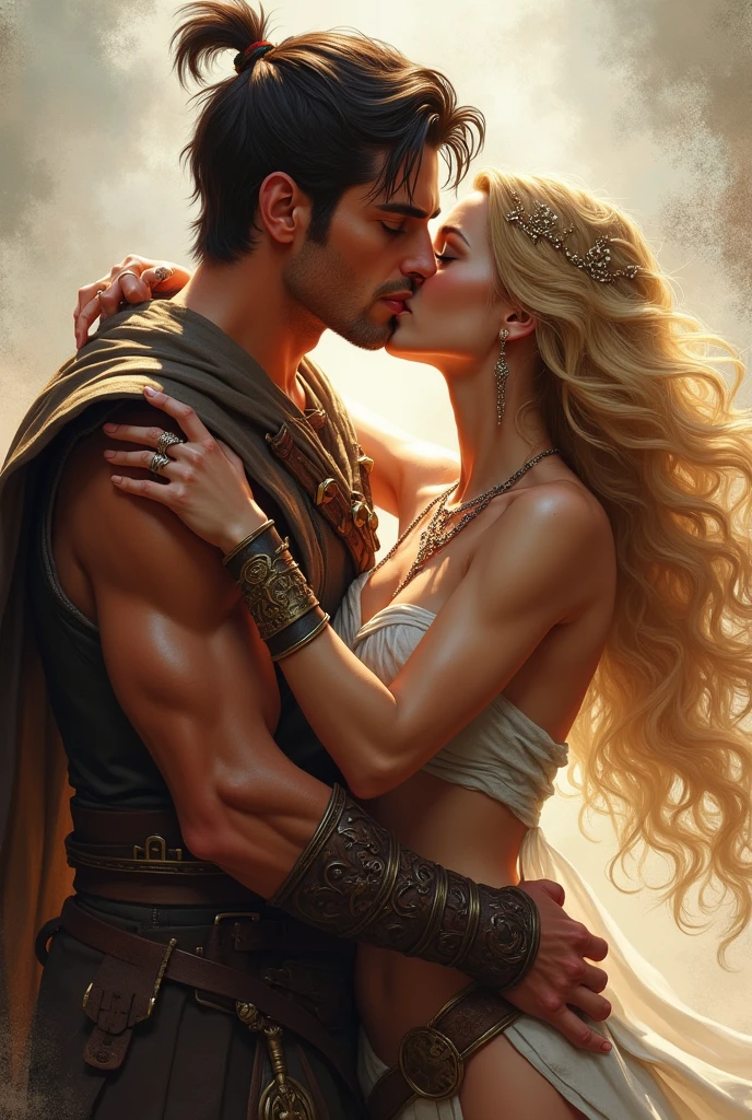 Make this  handsome warrior with dark brown medium short hair, brown warm eyes, sharp chin, muscular, caramel skin on to be kissed by a beautiful woman with golden hair to her sholder and blue eyes, dressed as a warrior, who jumps into his arms and kisses him passionately