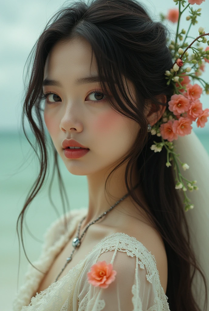 Editorial photography,Super detailed background,super realistic,double exposure,depth of field,beauty super slim skinny fluids,soft focus tone,Narrative scene,acrylic paint,,full body shot,from below,Wabi-sabi,very long straight brunette hair, portrait facing the camera close up, Hair gathered