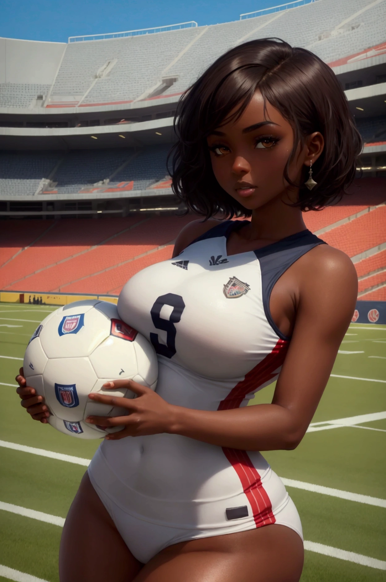 brunettes dark skin in a football stadium football clothes athletic bodies thin big buttocks sh. soccer ball