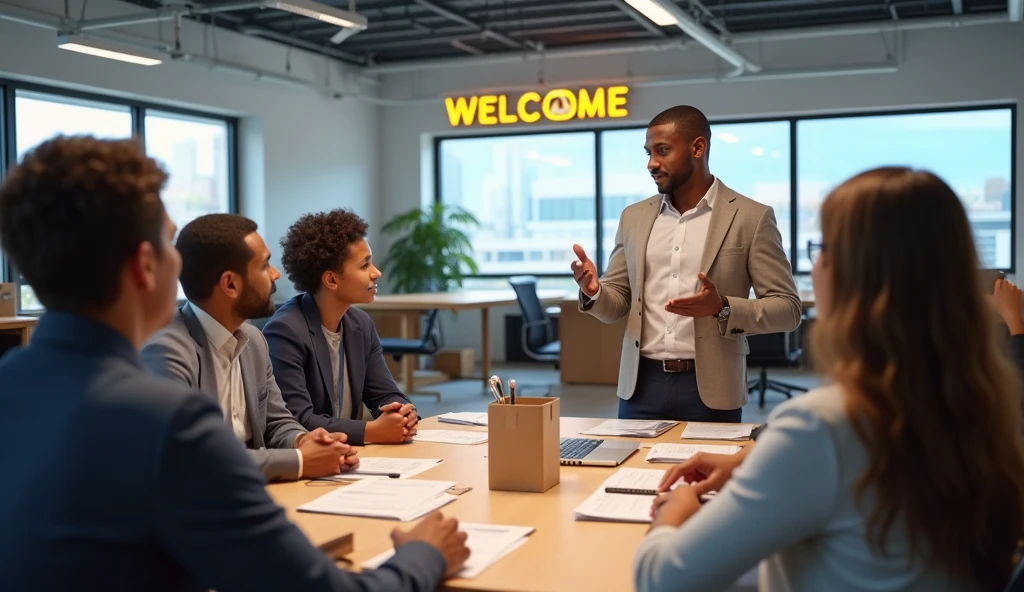 A professional and realistic image depicting full support and smooth adaptation for new employees at a fulfillment center. The scene features a welcoming onboarding session in a modern training room, where a group of new hires is being guided by an experienced HR representative or team leader. Visual elements include training materials, welcome packets, and supportive signage, such as 'Welcome' or 'New Employee Orientation.' The new employees are engaged in learning and receiving assistance, with some being paired with mentors for hands-on guidance. The overall atmosphere is warm and supportive, emphasizing the company’s commitment to ensuring a positive and well-supported transition for new staff members.