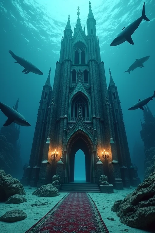 Gothic architecture, built on the ocean floor, whales and sharks swimming in the sea, the entrance door to the building is slightly open, there is a rug in the entrance, and candle lights are attached to the wall.
