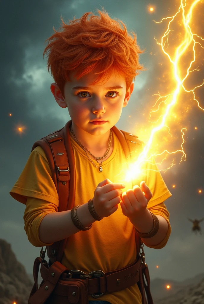 A red-haired boy holding a yellow lightning bolt