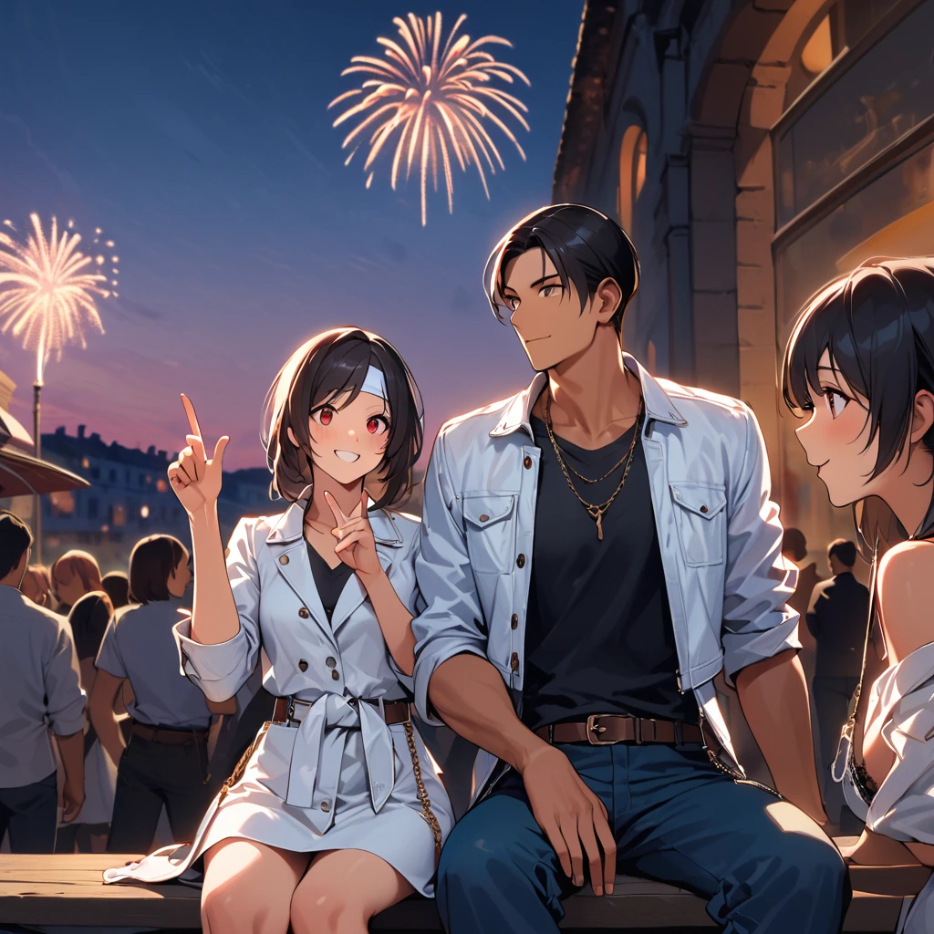 Orochiquillo, people watching, dark skin, couple, two people, man and woman, red eyes, ((white leather jacket with rolled up arms)), fingerless gloves, black hair, black t-shirt, ((white headband)), blue jeans, ((wallet chain at waist)) white shoes, brown belt, handsome, shot, attractive Masterpiece, high resolution, fine face, fine grain, people at night, blue sky, confident smile, with lover, Promenade des Anglais, eating on terrace, drinking cocktail in cocktail glass, bright fireworks, France, pointing to sky, watching fireworks, sitting cross-legged, looking happy, similar to peace sign Talking with gestures, outdoors, eating, (((( sincere fingers)))))