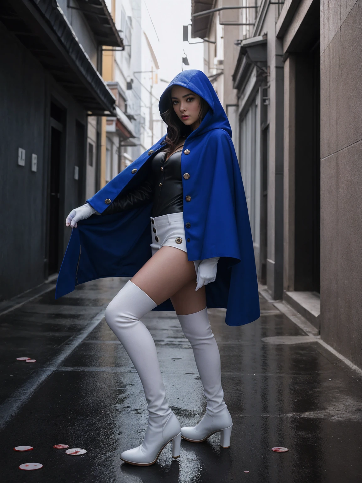 South korea walk women mystery hooded on with modern royal Blue coat with long and wide sleeves with buttons and royal Blue cape and very high white heel over the knee and white gloves, As she reveals a small secret hidden blade coming from his wrist , adding to the characters mysterious, with small movements of air on the cape, in summer at night under the rain, sophisticated and highly detailed, ultra hd, realistic, hyper detailed, enhanced colours, ultra sharp focus, with vibrant, rich in details High quality, gorgeous, captivating, 8k, super detailed, stunning shadows, detailed lines, blood stain on coat and gloves and walls, corpses in the street recently murdered