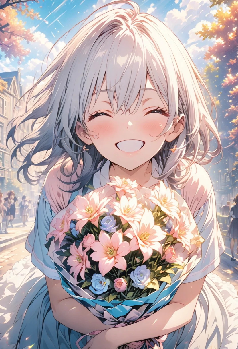 masterpiece, Highest quality, Highly detailed CG Unity 8K wallpapers, High School Girl Anime Illustration. wear 、Holding a colorful bouquet。 she has her eyes closed and mouth open, smile. The background is a light pastel colored landscape