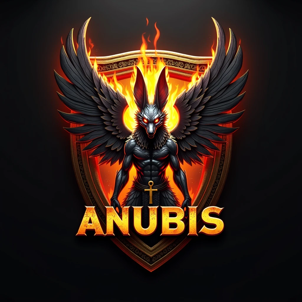 ((best qualityer)), ((work of art)), (detailded), create a gamer logo with the character egyptian god anubis, The logo must have a coat of arms with the character in front of the front bust, e o nome escrito ANUB☥S a letra i te que ser substituidada pela Cruz de Ansata ☥, Anubis has to be on fire epic gamer style with wings and dragon style, and anubis has to look bad, the colors have to be gold, black and red, don't forget to insert the name ANUBIS