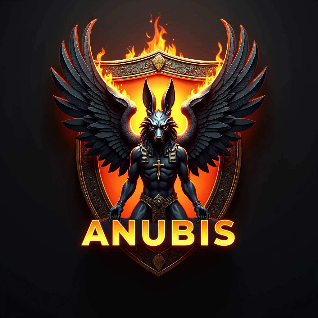 ((best qualityer)), ((work of art)), (detailded), create a gamer logo with the character egyptian god anubis, The logo must have a coat of arms with the character in front of the front bust, e o nome escrito ANUB☥S a letra i te que ser substituidada pela Cruz de Ansata ☥, Anubis has to be on fire epic gamer style with wings and dragon style, and anubis has to look bad, the colors have to be gold, black and red, don&#39;t forget to insert the name ANUBIS