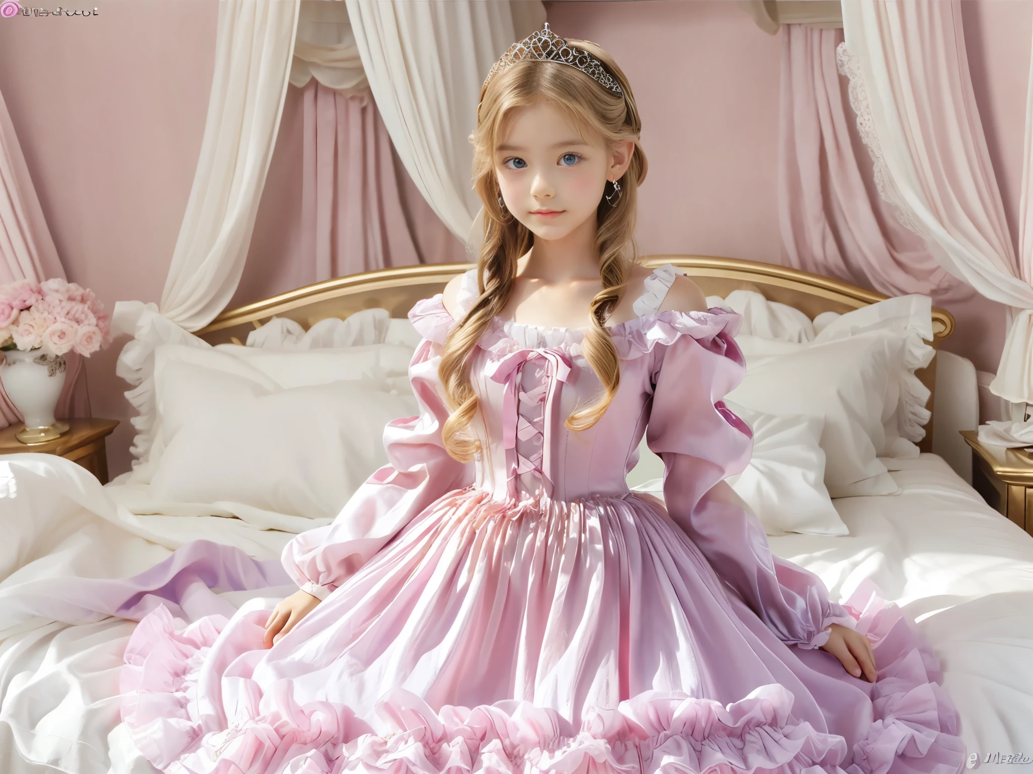 ,highest quality, masterpiece, highest resolution, artwork, 3k realistic pictures,((A short young girl))Ultra-detailed juvenile face,two are princesses,full length ball gown dress with hoop skirt,ruffled yoke collar,puff sleeves,long sleeve,((****ta style hot pink detailed princess satin dress with lots of ruffles and ribbons)),Rococo style ****ta fashion,shiny satin dress,Soft and smooth fabric,luxury,long blonde hair,blue eyes,white skin european,Pajama,((in the bedroom)),high quality princess canopy bed,