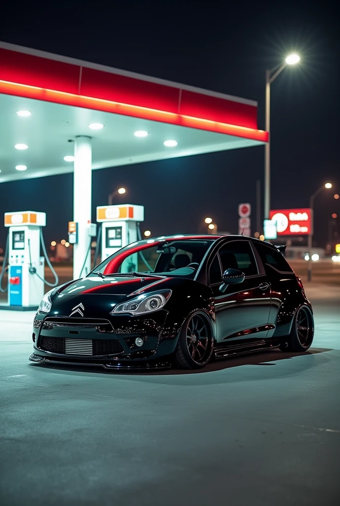 Highway gas station scenario, a Citröen car, model c3, year 2005, all black and lowered