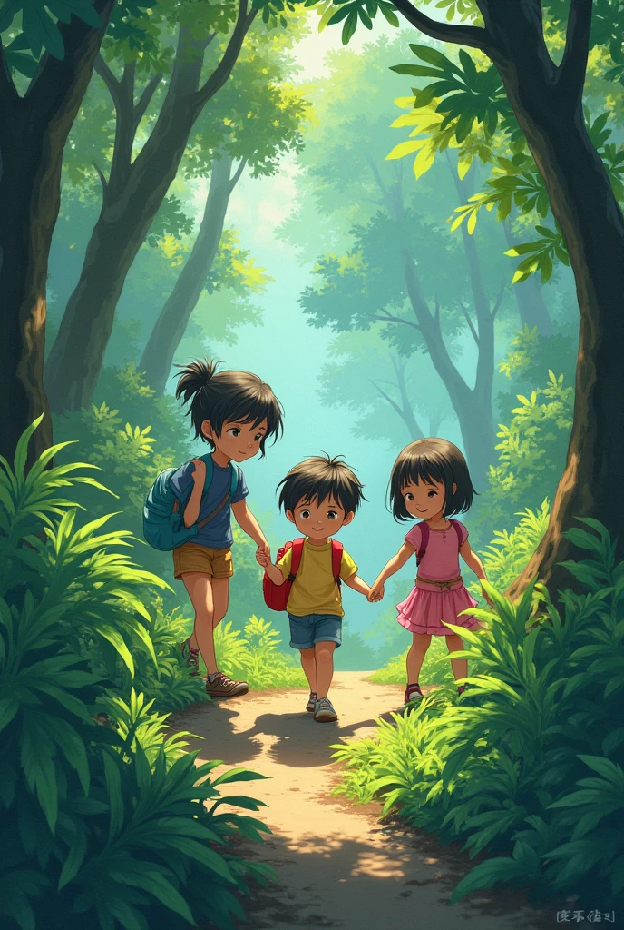 Manga Children walking and passing through bushes in the forest