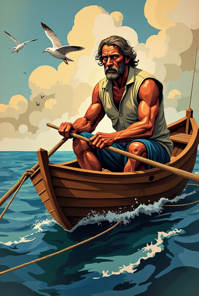 A cubism visual  of a fisherman on a small boat


