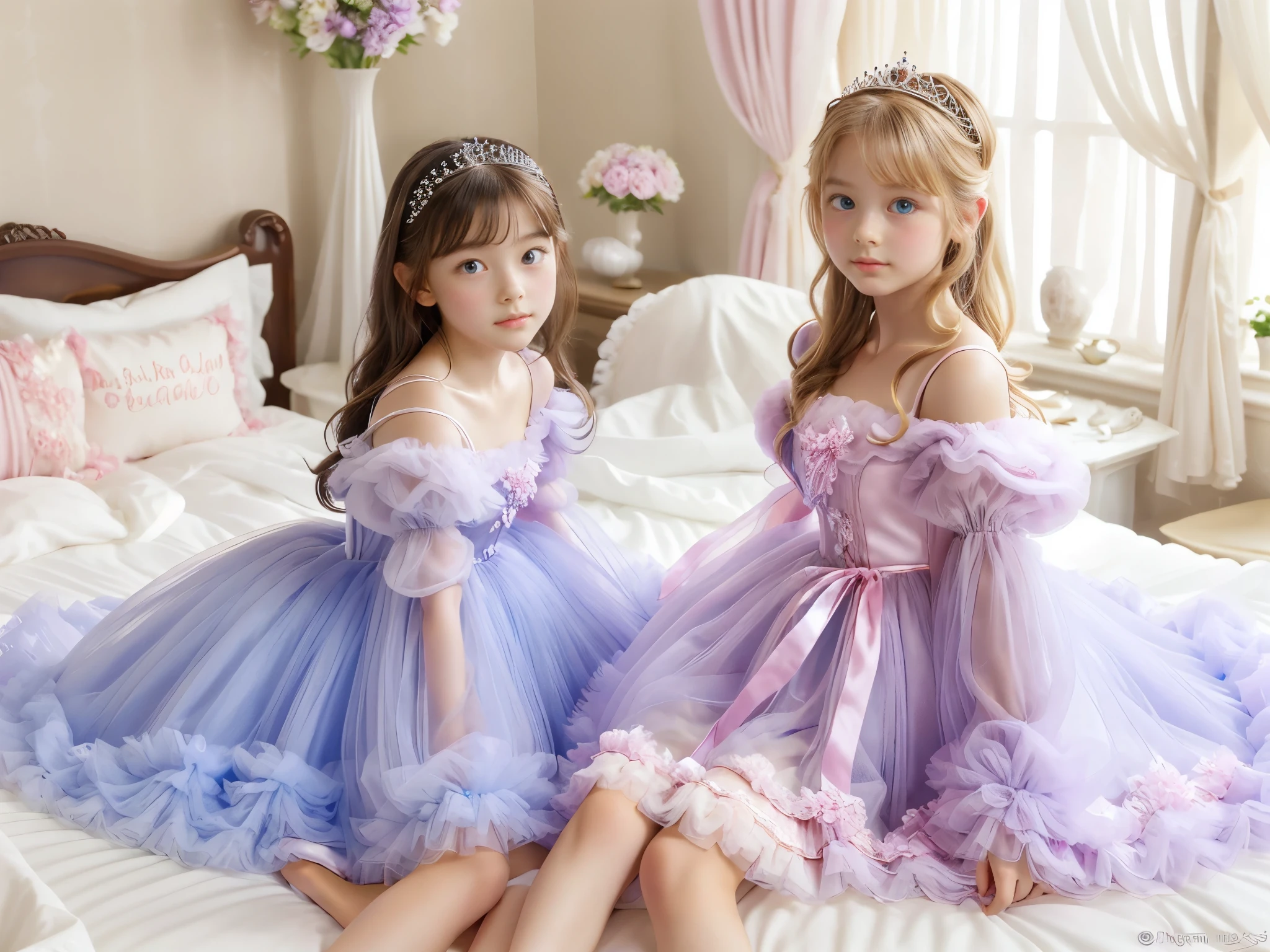 ,highest quality, masterpiece, highest resolution, artwork, 3k realistic pictures,((A short young girl))Ultra-detailed juvenile face,two are princesses,full length ball gown dress with hoop skirt,ruffled yoke collar,puff sleeves,long sleeve,((****ta style hot pink detailed princess satin dress with lots of ruffles and ribbons)),Rococo style ****ta fashion,shiny satin dress,Soft and smooth fabric,luxury,long blonde hair,blue eyes,white skin european,Pajama,((in the bedroom)),high quality princess canopy bed,