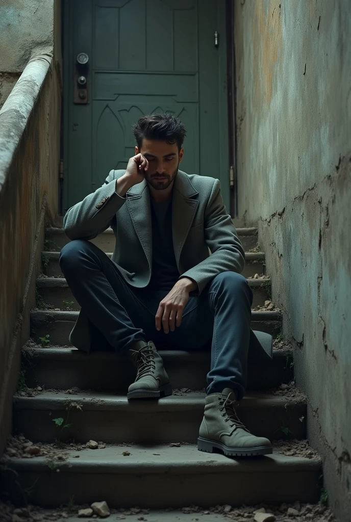 In a building Infront of an apartments gate It was a dilapidated apartment building in turkey . He was sitting on the top staircase, dressed in a long gray coat, relaxed. One boot was placed on the lower step and the other on the step below that. With his back against the wall and a burning cigar between his fingers, he was a very fair, handsome 30-year-old Turkish man