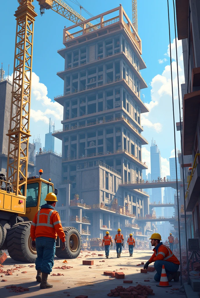 Workers building  in city 