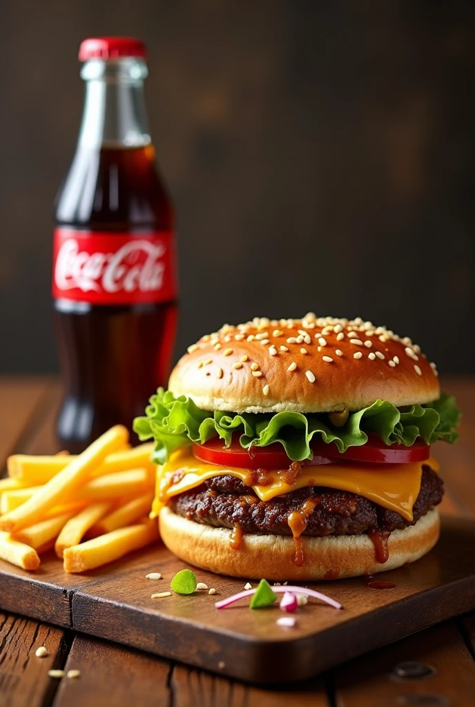 A realistic image of a burger and fries served on a wooden tray.  place a very cold Coca-Cola next to it, give shine to life image.
Add the following information to the image:
price of 250 Meticais each Promotion buy one get one free