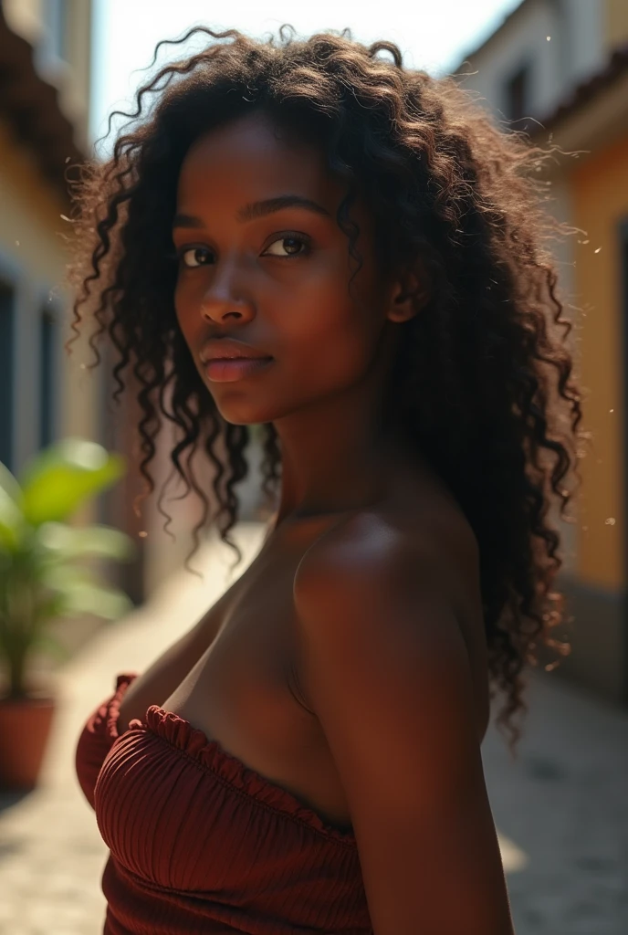 photo ultra realistic,whole body,slim ,best qualityer, , Black teenager, skin black,beautiful  face,wearing strapless, realistic smooth skin, ultra realistic skin, natta,dynamic lighting, on a street in Ceara, (dynamic pose:1.10), (good composition:1.10),(subtle lighting:1.10), (awardwinning:1.10), ((Breathtaking:1.10:1.35)) , ( πrim-work :1.10), (highly detailed skin:1.2),(cinematic grain:0.04),particle effects,