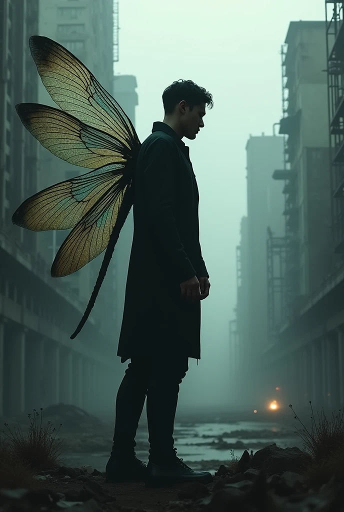 Male dark silhouette side view with dragonfly wings with ruined city in background