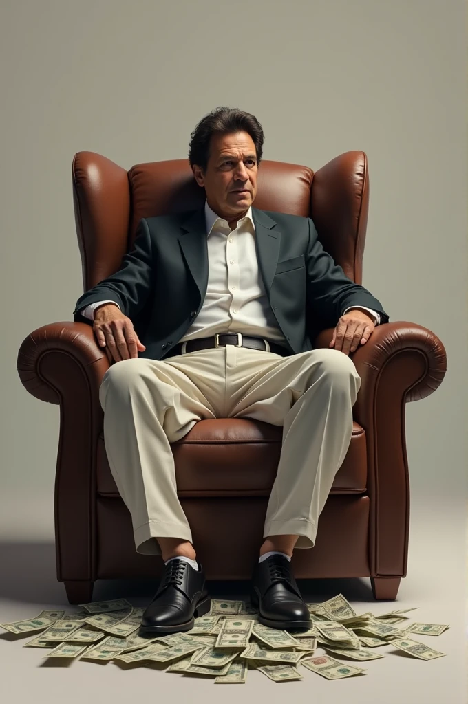 Imran Khan Jo ek acchi kursi per baitha ho aur paon ke niche paise ho